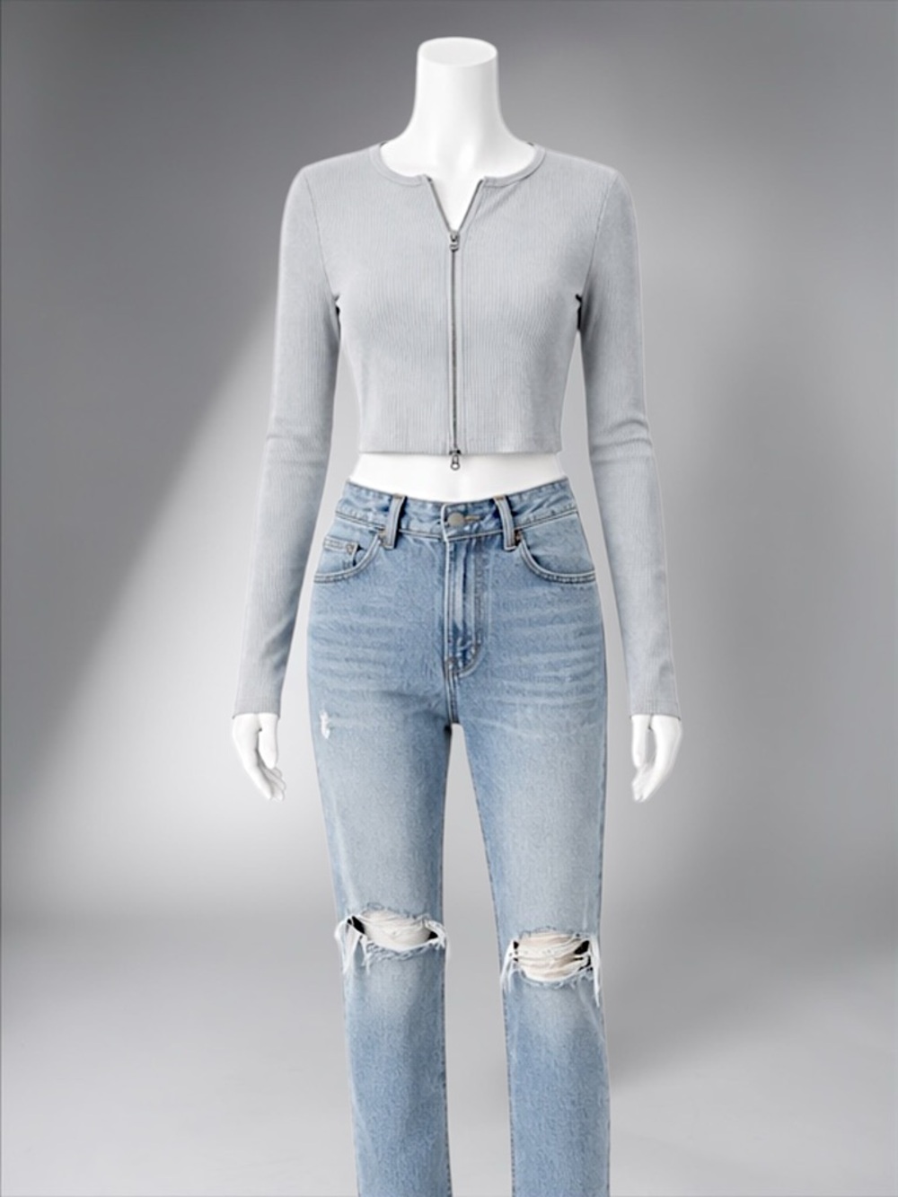 Cropped Ribbed Zip-front Top in Light Gray - Picture 8 of 14